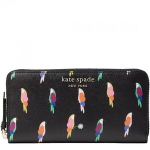 Kate Spade FLOCK PARTY Black leather Wallet with Colorful Parrot Design